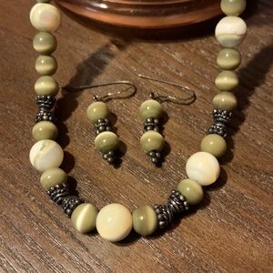 Green & Silver Stone Necklace & Earring Set Light Green Agate Like Beads